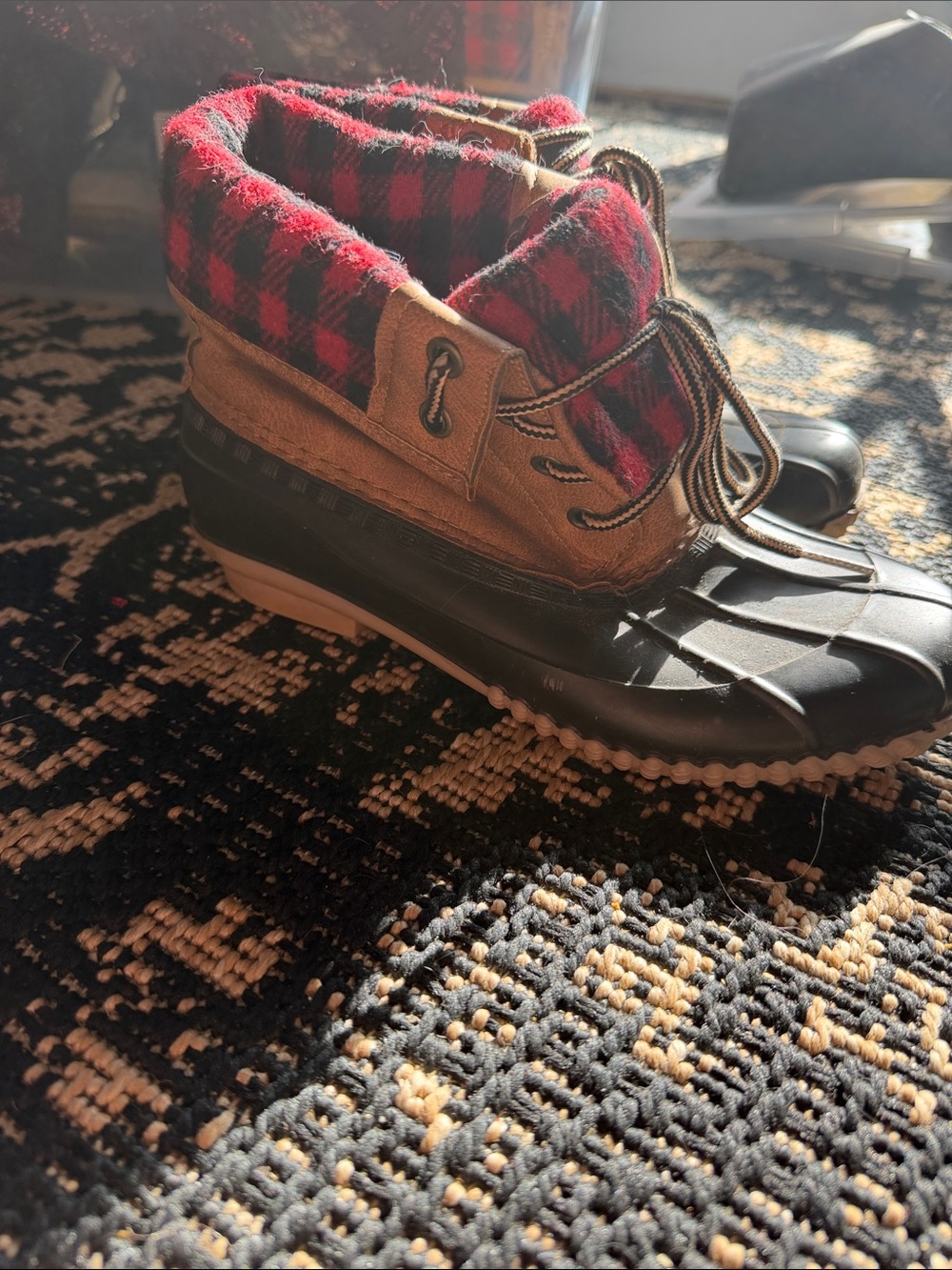 Plaid Cuffed Duck Boots - Tan, Black & Red
